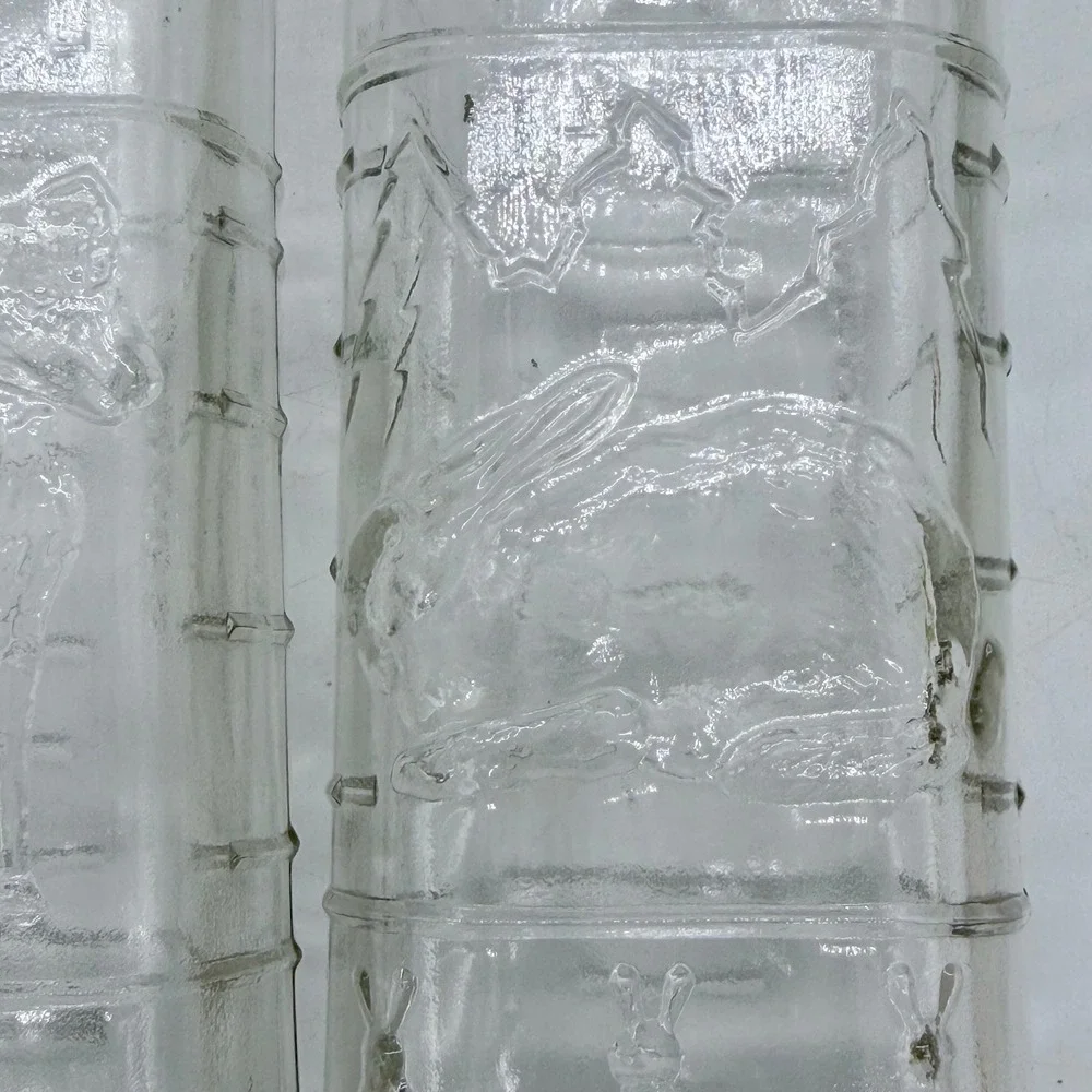 Vintage Embossed Glass‎ Milk Bottle Dog and Rabbit Scene Set of 2